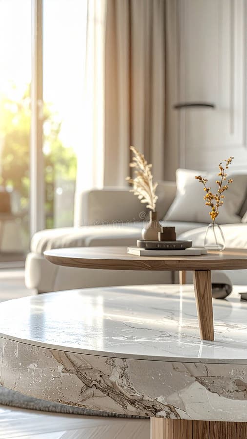 A serene, sunlit living room features a round wooden coffee table on a textured rug. On the table, a small glass vase holds delicate white flowers, alongside a shallow bowl with round decorative objects. In the background, a light-colored sofa with plush cushions complements the bright and airy atmosphere. Tall, sheer curtains frame large windows, allowing soft natural light to illuminate the space, emphasizing a minimalist and cozy interior design. Round table top in living room, cozy environment, front view, enjoyable environment. image. Top view brown sofa illustrations