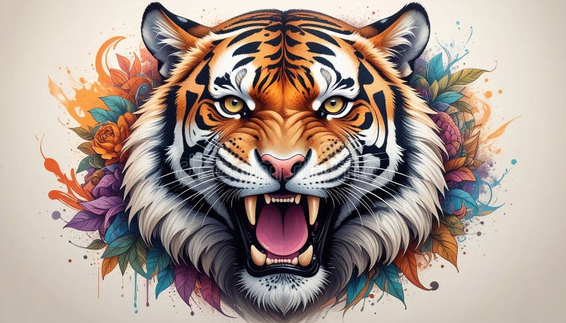 Pastel drawing artistic image of tiger front face roar tattoo tribal design royalty free illustration
