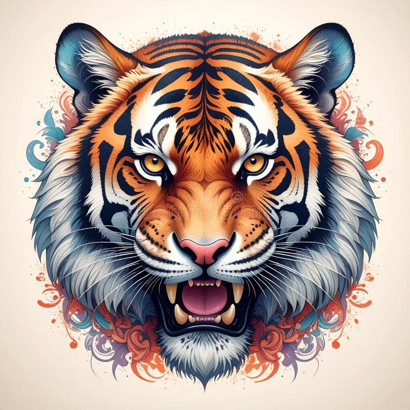 Pastel drawing artistic image of tiger front face roar tattoo tribal design stock illustration