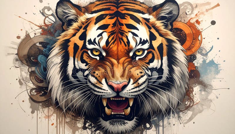 Pastel drawing artistic image of tiger front face roar tattoo tribal design vector illustration