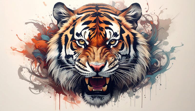 Pastel drawing artistic image of tiger front face roar tattoo tribal design vector illustration