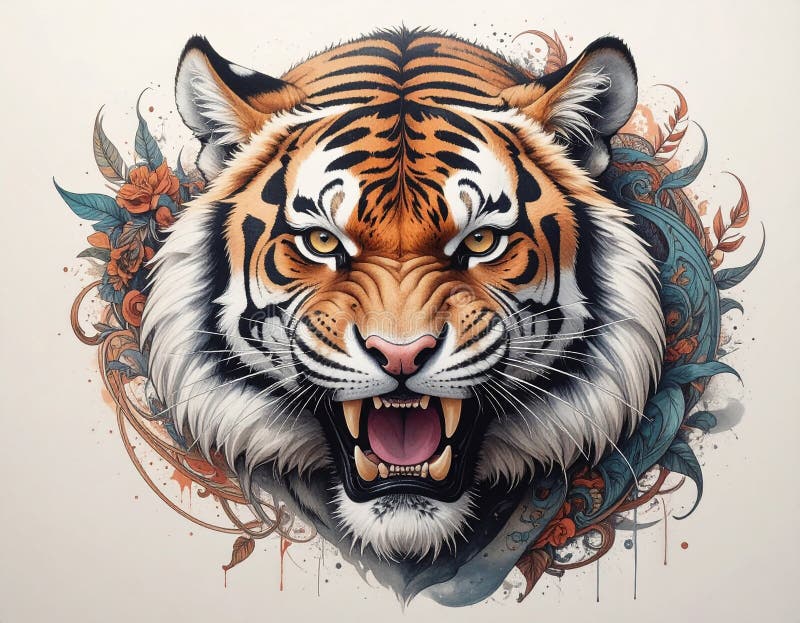 Pastel drawing artistic image of tiger front face roar tattoo tribal design royalty free illustration