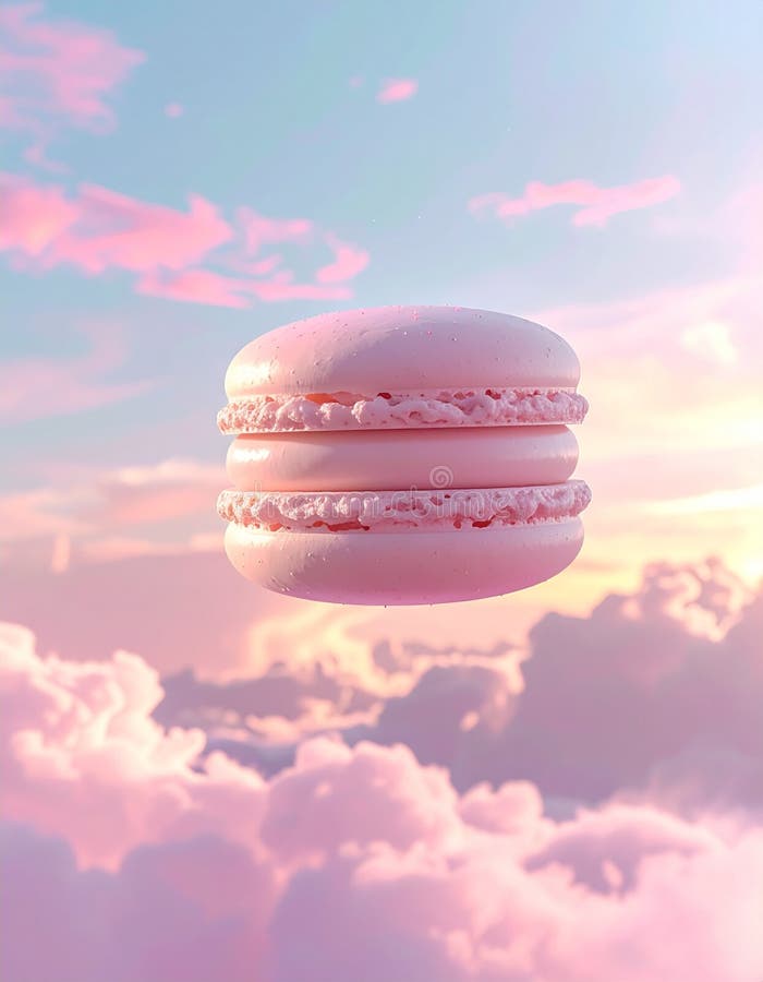 AI Generated Floating Pink Macaron Above Dreamy Pastel Clouds