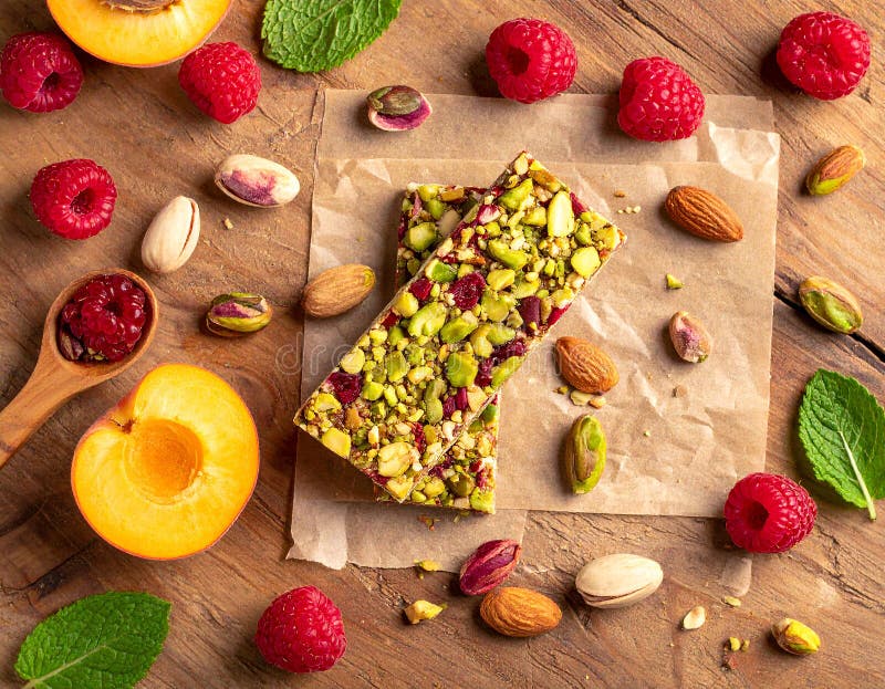 A rectangular fruit and nut bar is placed on a brown ceramic plate. The bar is topped with vibrant red raspberries (Rubus idaeus) and green pistachios (Pistacia vera). Surrounding the plate on a dark textured surface are additional raspberries, almonds (Prunus dulcis), and pistachios. A small bowl holds more pistachios and raspberries. The arrangement emphasizes the natural colors and textures of the ingredients, creating a visually appealing and appetizing display. Raspberry & Pistachio Protein Bar with fruit full bird's eye shot. Al Generated. Ceramic birds illustrations