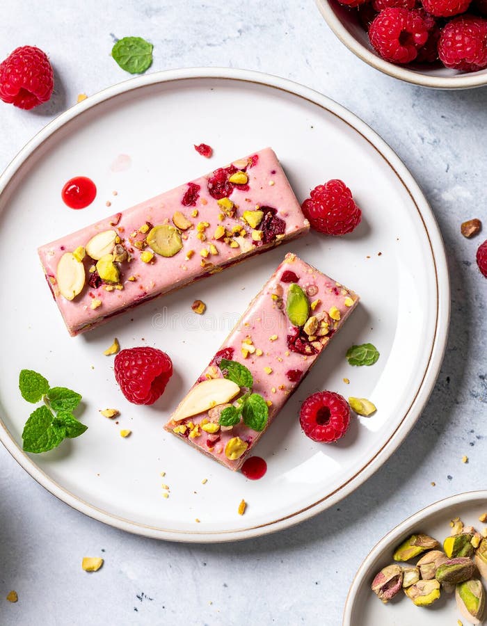 A rectangular fruit and nut bar is placed on a brown ceramic plate. The bar is topped with vibrant red raspberries (Rubus idaeus) and green pistachios (Pistacia vera). Surrounding the plate on a dark textured surface are additional raspberries, almonds (Prunus dulcis), and pistachios. A small bowl holds more pistachios and raspberries. The arrangement emphasizes the natural colors and textures of the ingredients, creating a visually appealing and appetizing display. Raspberry & Pistachio Protein Bar with fruit full bird's eye shot. Al Generated. Ceramic birds illustrations