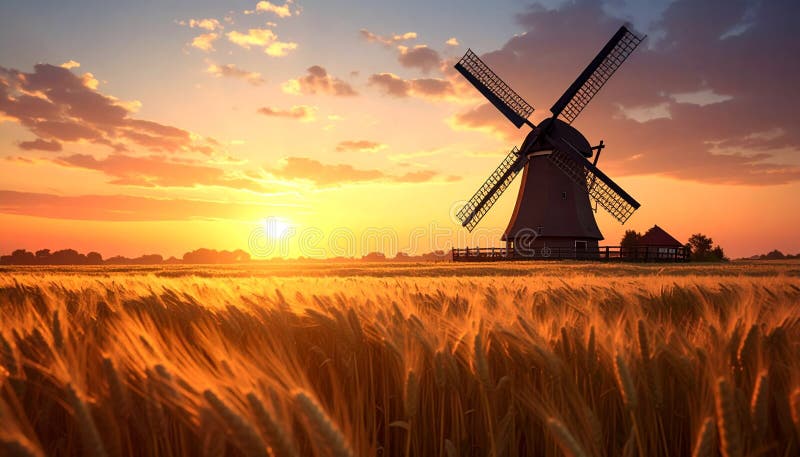 A traditional windmill stands silhouetted against a vibrant sunset in a field of golden wheat