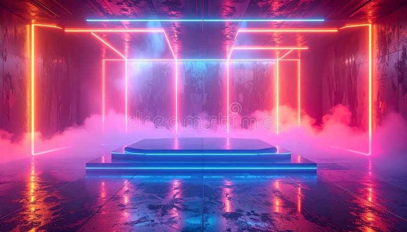 Futuristic Neon Stage with Fog and Reflections