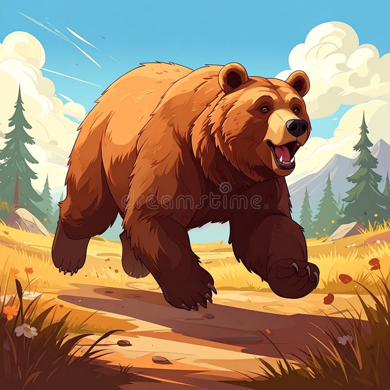 A dynamic illustration of a brown bear (*Ursus arctos*) running through a forest landscape. The bear, depicted with realistic fur texture and muscular form, moves along a dirt path surrounded by tall pine trees (Pinus species) and patches of grass. The background features a clear blue sky with a few scattered clouds, contributing to the lively atmosphere of the scene. The composition emphasizes movement and natural beauty, capturing a sense of wildlife in action. Cartoon artistic rendering of a side view of a brown bear running. ai. Lively natural composition illustrations