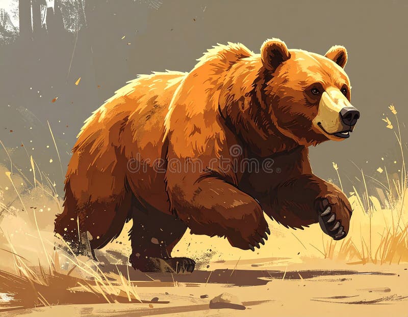A dynamic illustration of a brown bear (*Ursus arctos*) running through a forest landscape. The bear, depicted with realistic fur texture and muscular form, moves along a dirt path surrounded by tall pine trees (Pinus species) and patches of grass. The background features a clear blue sky with a few scattered clouds, contributing to the lively atmosphere of the scene. The composition emphasizes movement and natural beauty, capturing a sense of wildlife in action. Cartoon artistic rendering of a side view of a brown bear running. ai. Lively natural composition illustrations