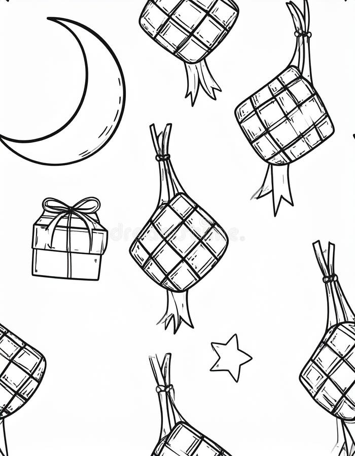 A black and white seamless pattern featuring traditional Indonesian ketupat (rice dumplings) and a gift box, set against a white background with a crescent moon and star. The illustration is in a sketchy style, perfect for use in designs related to Eid Mubarak celebrations, Ramadan, or Indonesian culture. Rice crescent illustrations