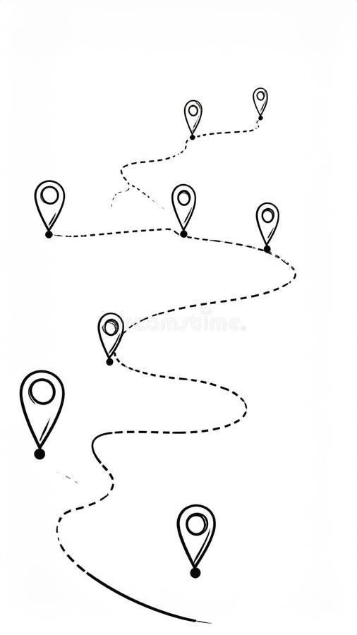 Abstract hand drawn journey path with multiple location pins on a clean white background stock illustration