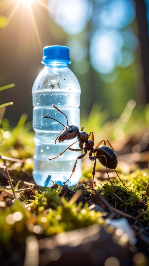 Ant standing next to a small plastic water bottle on mossy ground with bright sun rays in nature. Perspective ant stock images, royalty-free photos and pictures