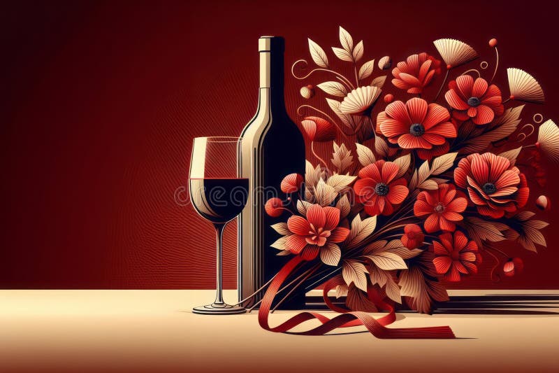 Imaginea generată a unei sticle de vin care stă lângă o grămadă de flori roșii aranjate în culori roșu și maro. Imaginea generată a unei sticle de vin care stă lângă o grămadă de flori roșii stilizate în plan de culori roșu și maro în față arată spațiu liber pentru textul generat