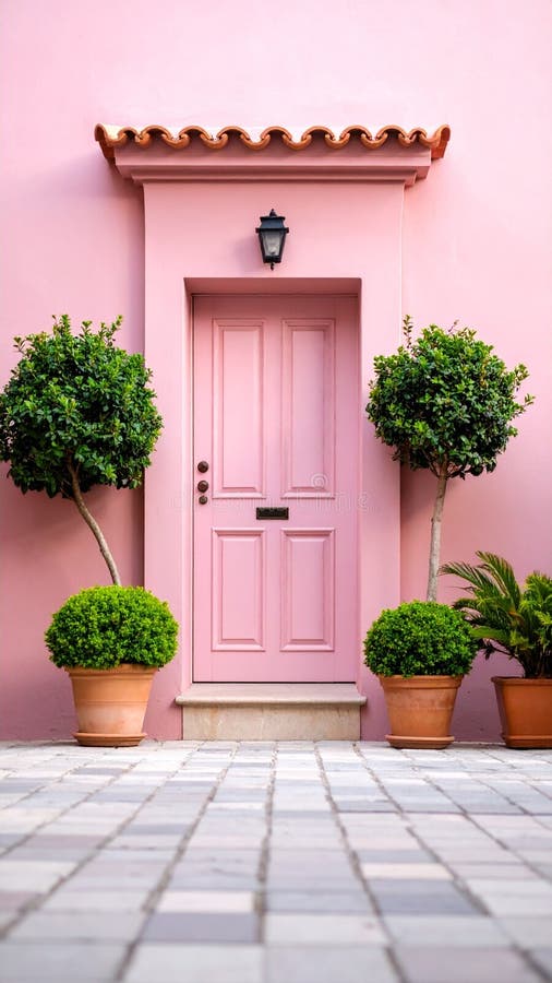 Charming Pink Door with Potted Green Trees and Terracotta Pots royalty free stock images