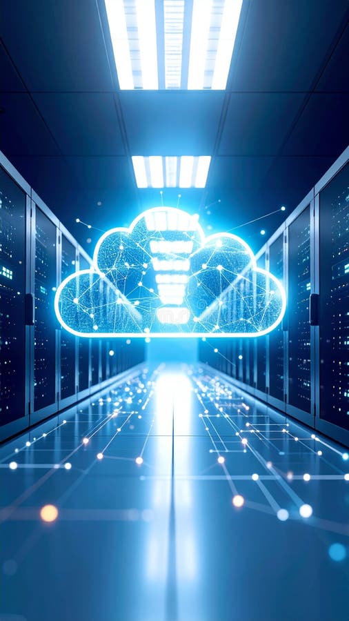 Cloud computing server room with glowing network data visualization
