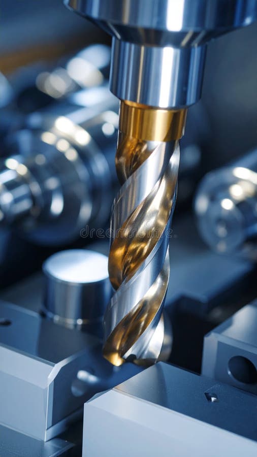 CNC machine drilling metal part close up manufacturing process production stock image