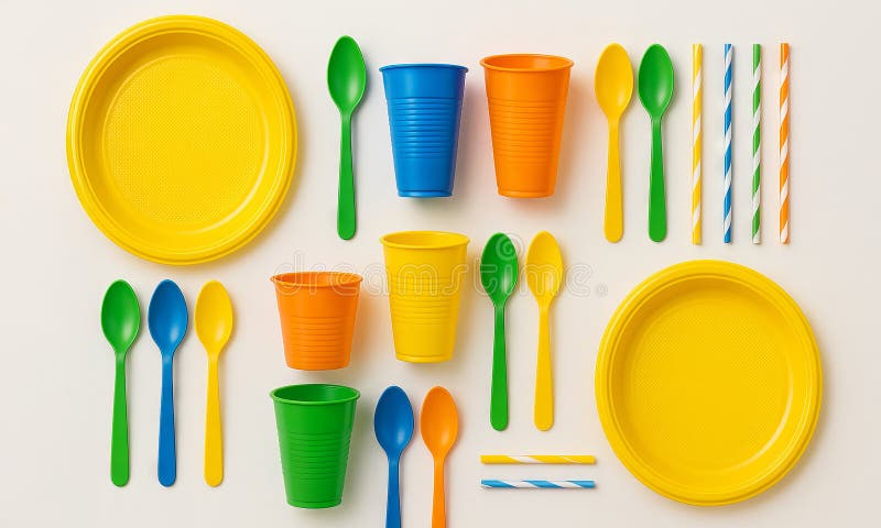 Colorful plastic utensils and cups arranged on white background. concept of party supplies, colorful table setting, disposable royalty free stock image