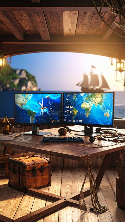 Generated image computer monitors on a ship deck with map of the world concept travel and work imagem de stock royalty free
