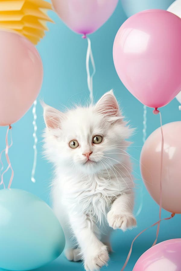 Cute white kitty, balloons and copy space on blue background. Vertical birthday backdrop with empty space for text. Invitation or greeting card. Playful vibrant design. Event for kids. Generative AI AI generated