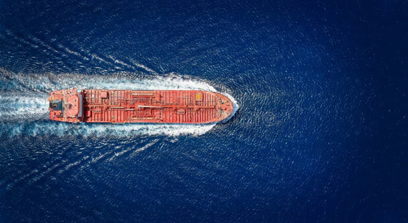 High aerial top view of a crude oil tanker ship