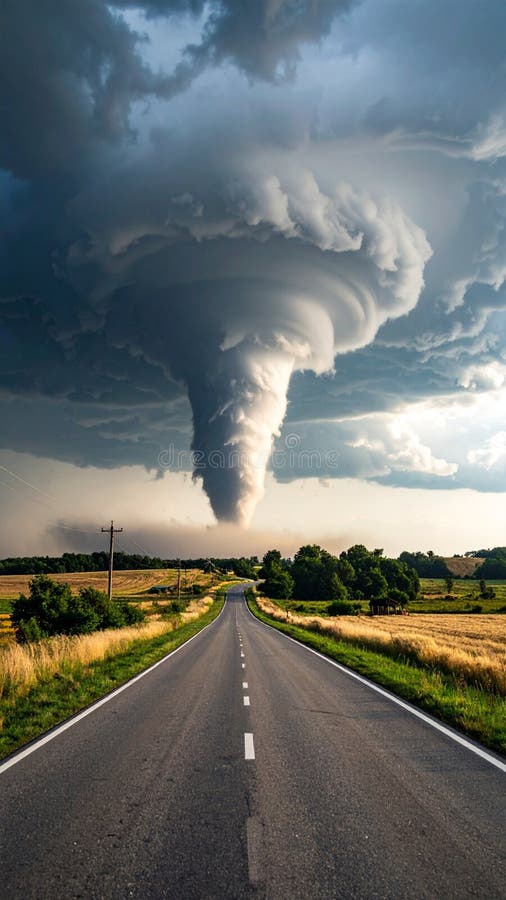 Dramatic Tornado Over Country Road and Fields Thunderstorm Sky stock photography