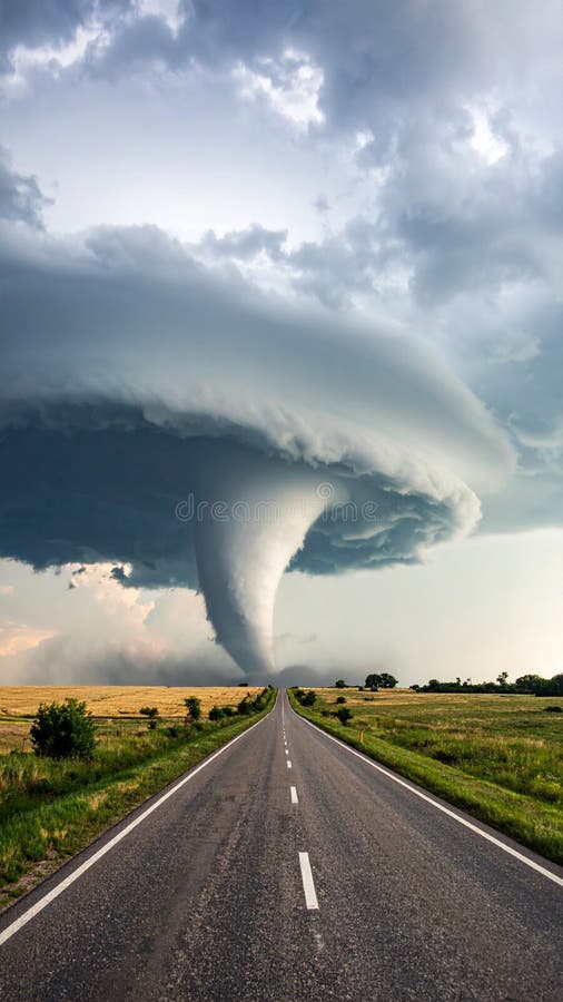 Dramatic tornado vortex descends over rural highway and farmland under stormy skies stock photo