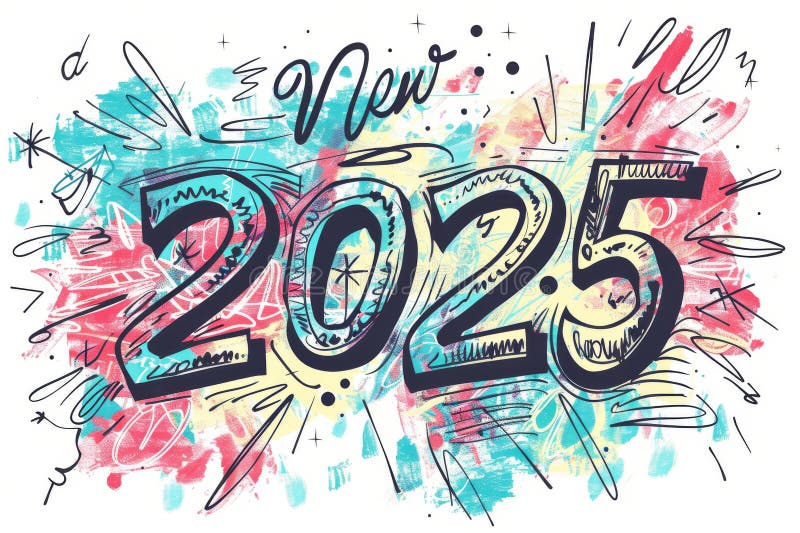 2025 Drawing Numbers, New Year Sketch Greeting Card, Doodle Celebrate