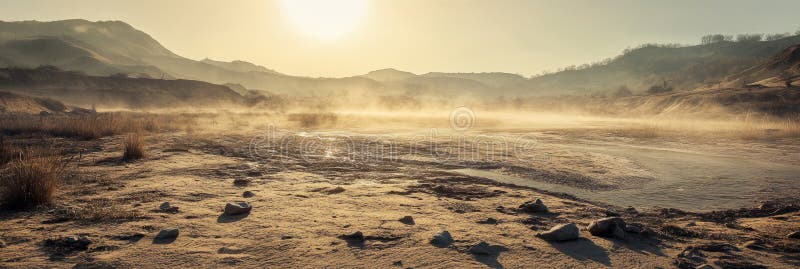 The dry and cracked riverbed, surrounded by desolate hills, with scattered stones and remnants of plants, captured in royalty free stock images