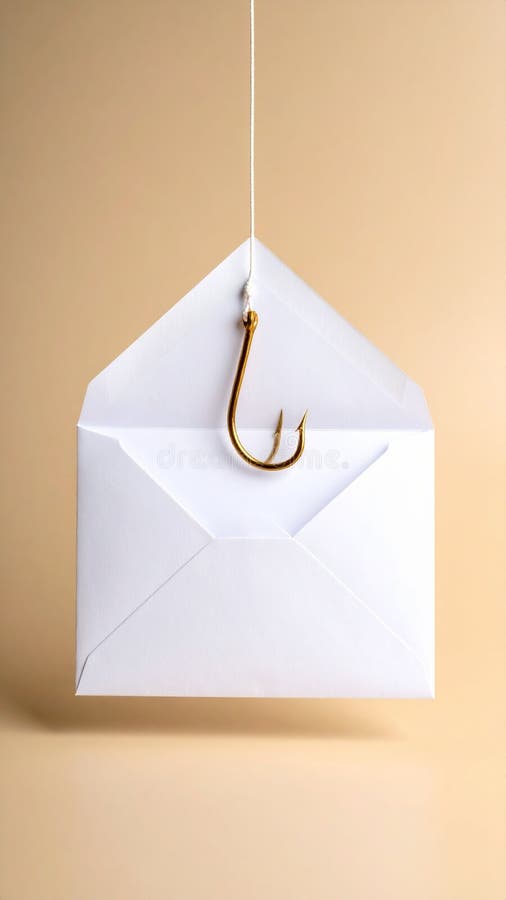 Email envelope with fishing hook symbolizing phishing scam, data security, and cybercrime stock photo