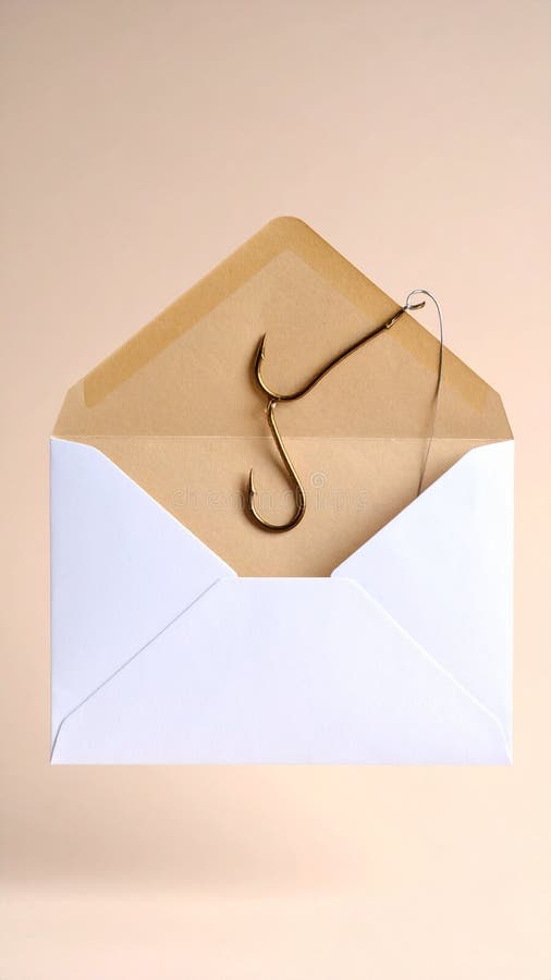 Fishing hook inside an open envelope concept for phishing scam, spam, or bait stock photos