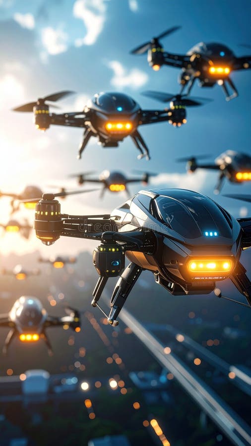 Futuristic drones flying in a swarm over a modern city at sunrise sky stock image