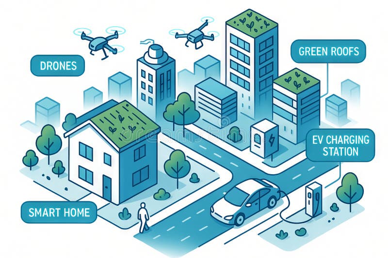 Futuristic eco friendly city with smart homes and green roofs featuring drones and ev charging station concept of sustainable living innovation environmental design, white background. Development ev stock images, royalty-free photos and pictures