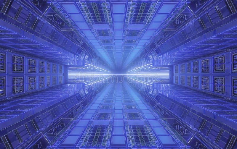 The futuristic digital hallway has bright blue lights, creating a stunning ambience stock image