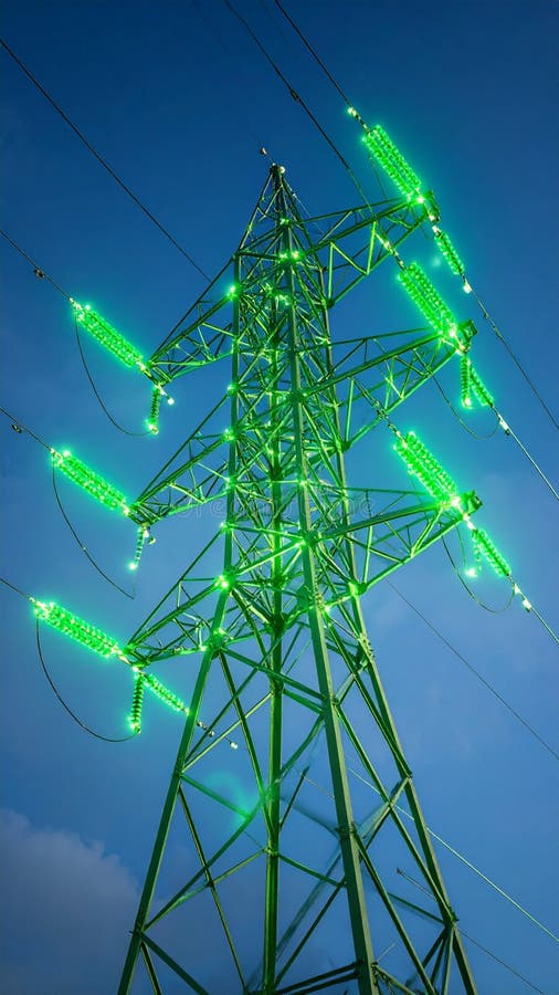 Illuminated green power lines against a twilight sky, energy infrastructure concept. Illuminated pylons stock images, royalty-free photos and pictures