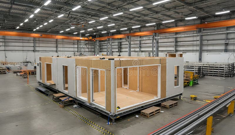 Industrial construction of modular home in factory warehouse. concept of commercial architecture, efficient building