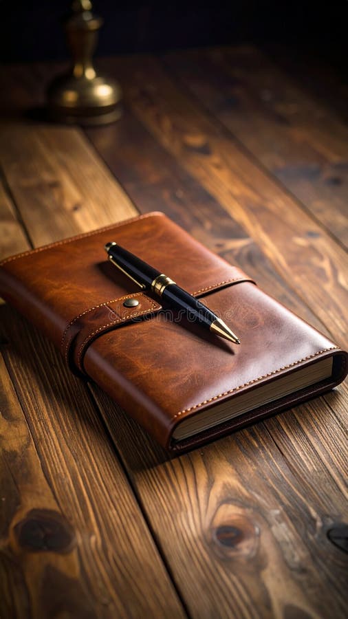 Leather notebook with pen on wooden desk, business and writing concept. Desk business concept stock images, royalty-free photos and pictures