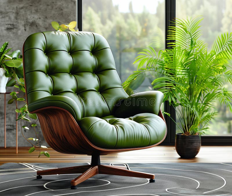 Luxurious Green Leather Armchair Button Tufting Displayed White Grid