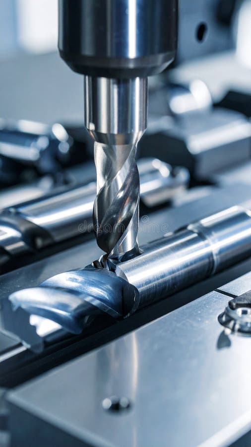 Metalworking machine drilling into metal bar with close-up view. stock photography