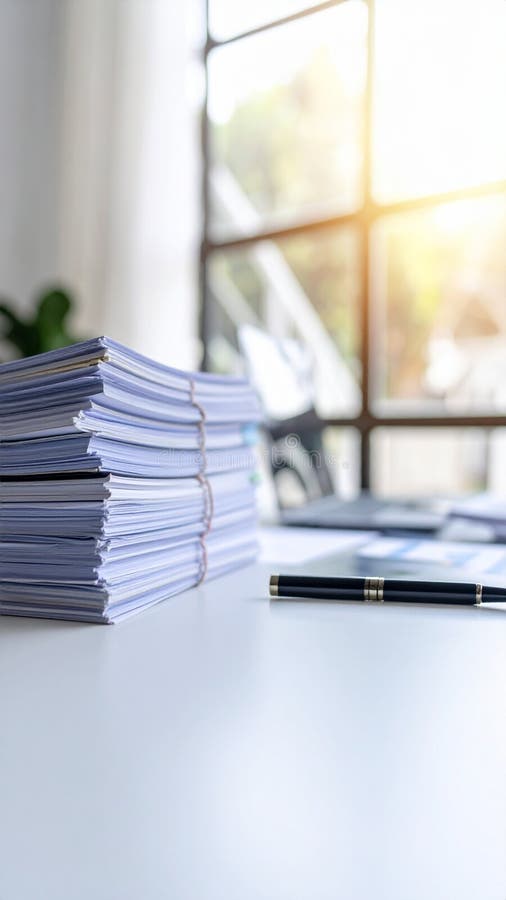 Office desk with stack of papers and pen, business and paperwork concept. AI generated. Desk business concept stock images, royalty-free photos and pictures