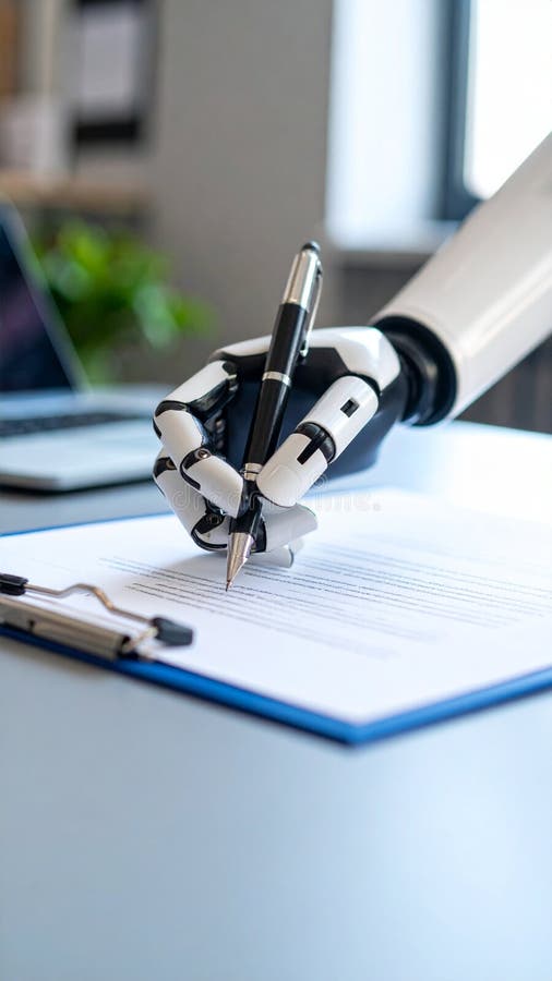 Robotic hand writing on paper with pen at a desk, business concept. Desk business concept stock images, royalty-free photos and pictures