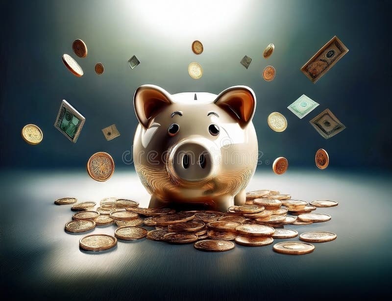 Generated image. A shiny piggy bank is surrounded by a scattering of coins and banknotes. A shiny piggy bank is surrounded by a scattering of coins and banknotes, creating a dynamic and lively scene. The background has a soft gradient that highlights the playful movement of the currency.