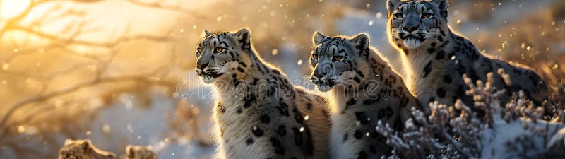 Snow leopard family in the mountain region with setting sun shining. royalty free illustration