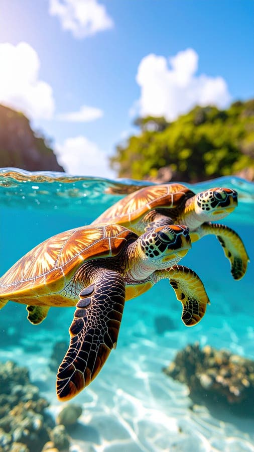 Two Sea Turtles Swimming Under Water with Lush Island in the Background stock images