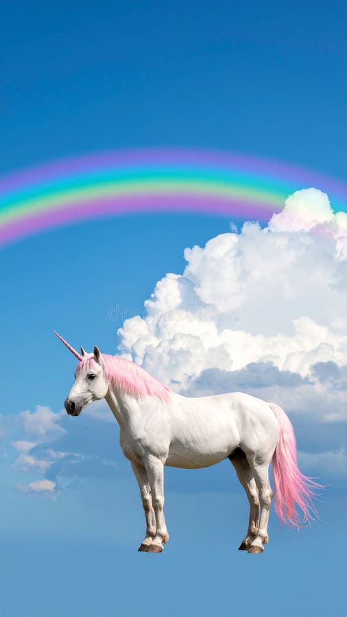Unicorn Fantasy with Pink Mane Horn and Rainbow Blue Sky vector illustration