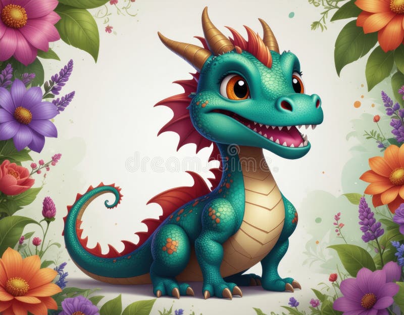 Vibrant, cartoon-style dragon with colorful scales and big eyes, surrounded by flowers, exuding a playful and friendly vibe. vector illustration