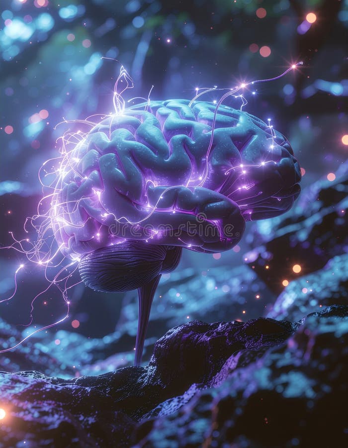 Surreal depiction of a glowing brain surrounded by vibrant lights, set against a dark, moody background. royalty free illustration