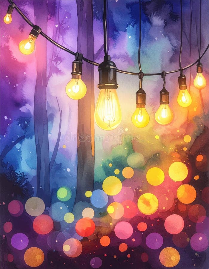 Vibrant illustration featuring illuminated light bulbs strung between colorful bokeh and a mystical forest backdrop. royalty free illustration