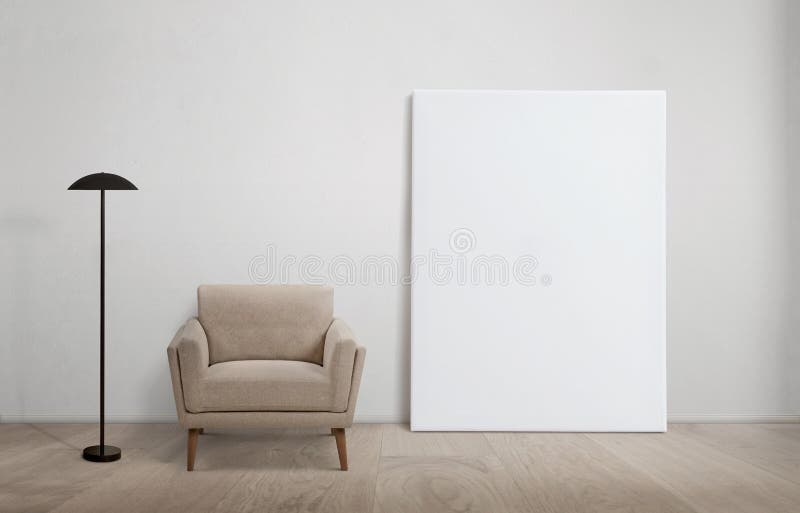 Vertical Art Canvas Mockup in Living Room with Sofa and Lamp beside it