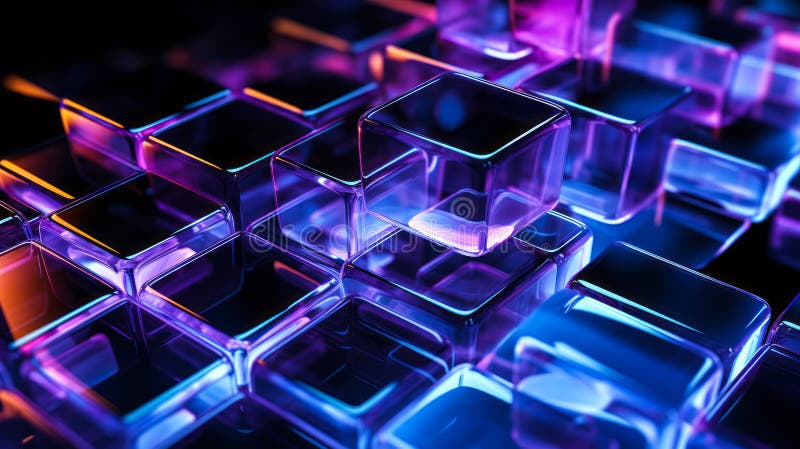 Abstract digital art of transparent overlapping squares with a neon glow on a black background reflecting blue and purple hues vector illustration