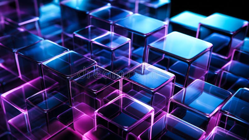 Abstract digital art of transparent overlapping squares with a neon glow on a black background reflecting blue and purple hues stock illustration